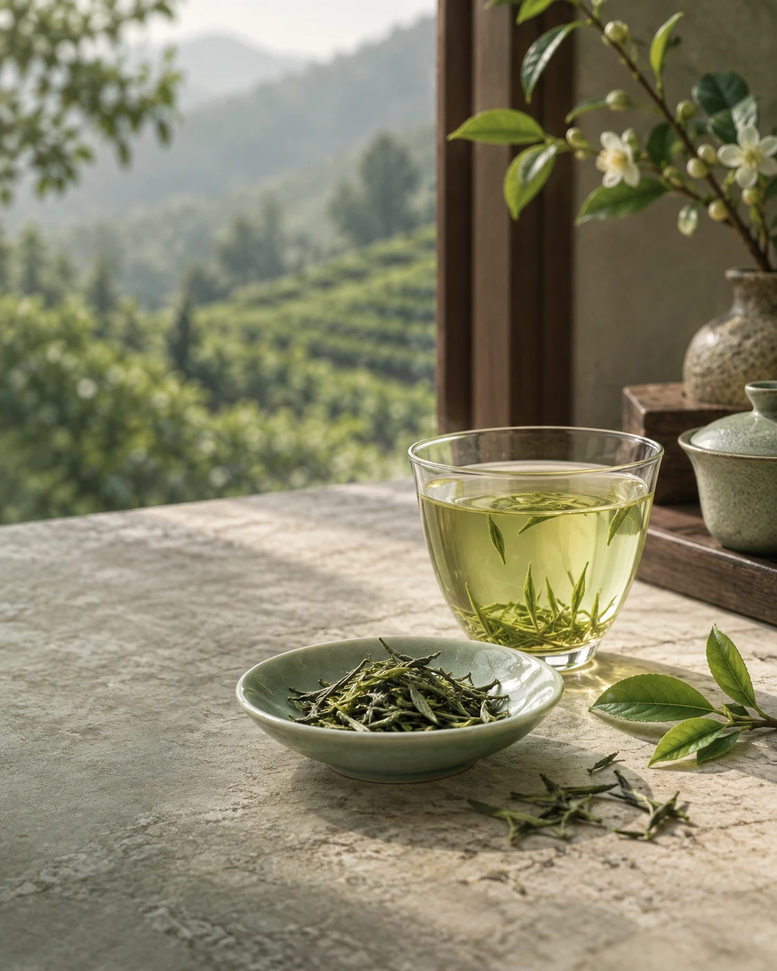 Green tea leaves and clear glass cup overlooking a tea garden