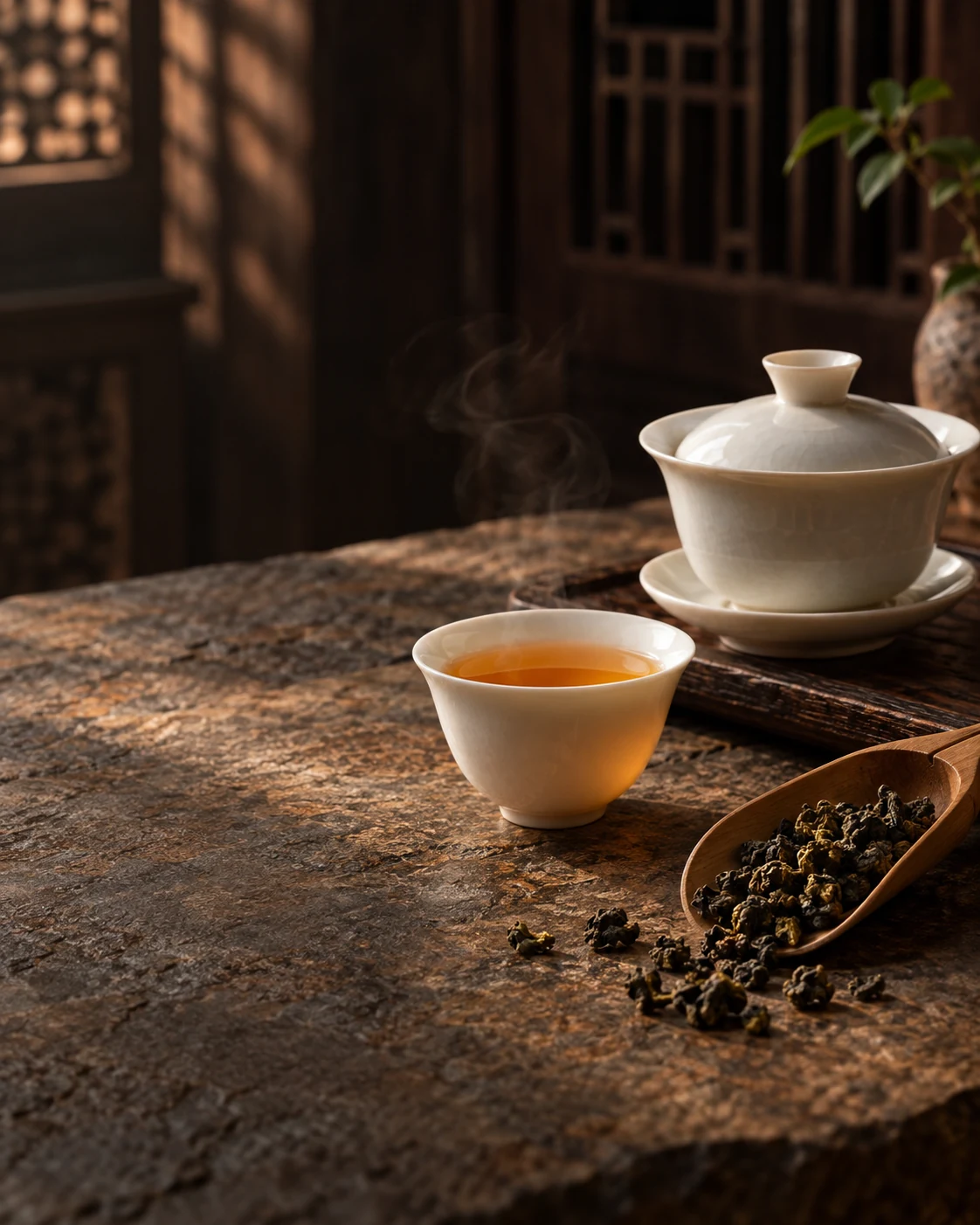 Oolong tea served in a porcelain gaiwan and cup