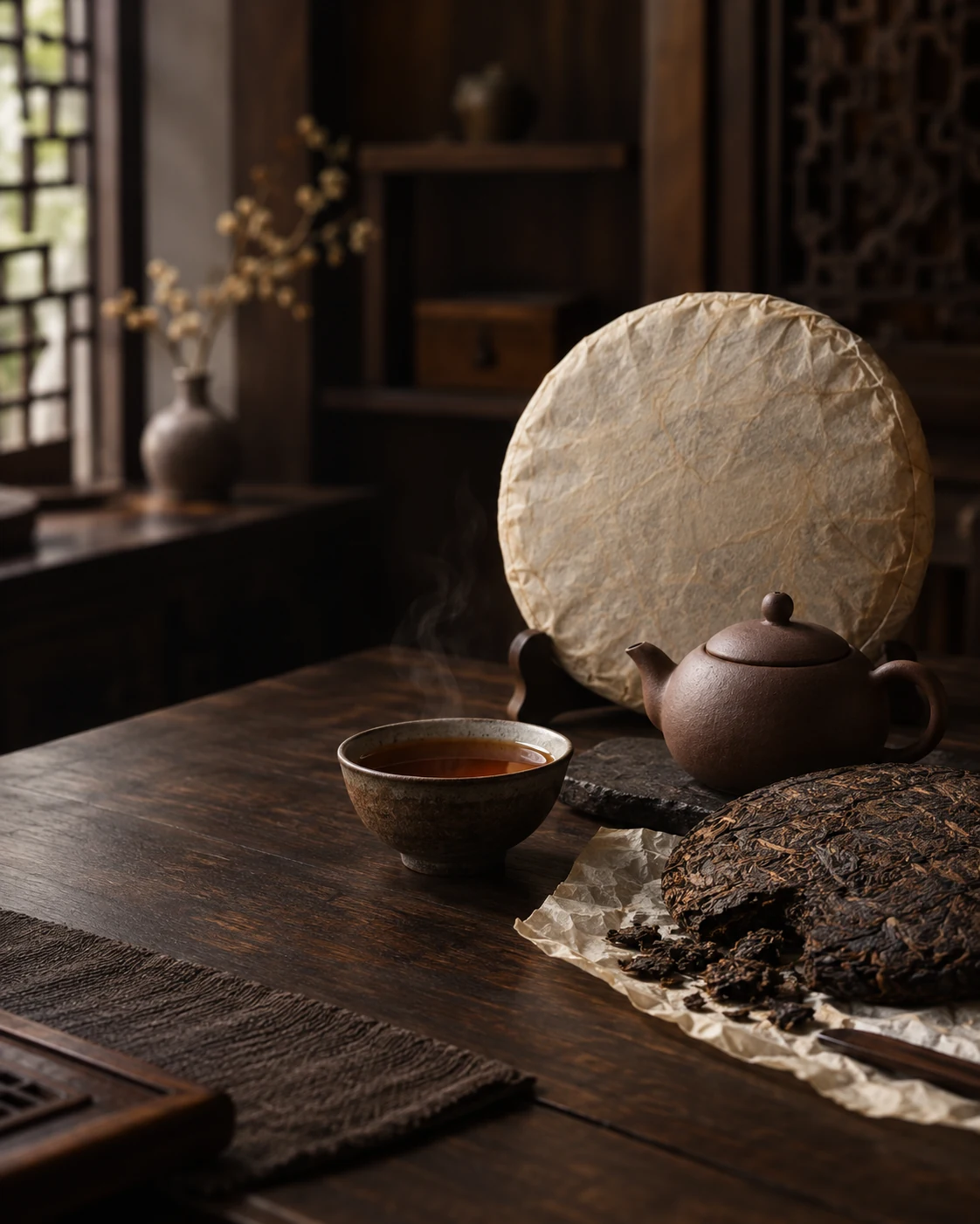 Pu-erh tea cake with Yixing teapot and tasting cup