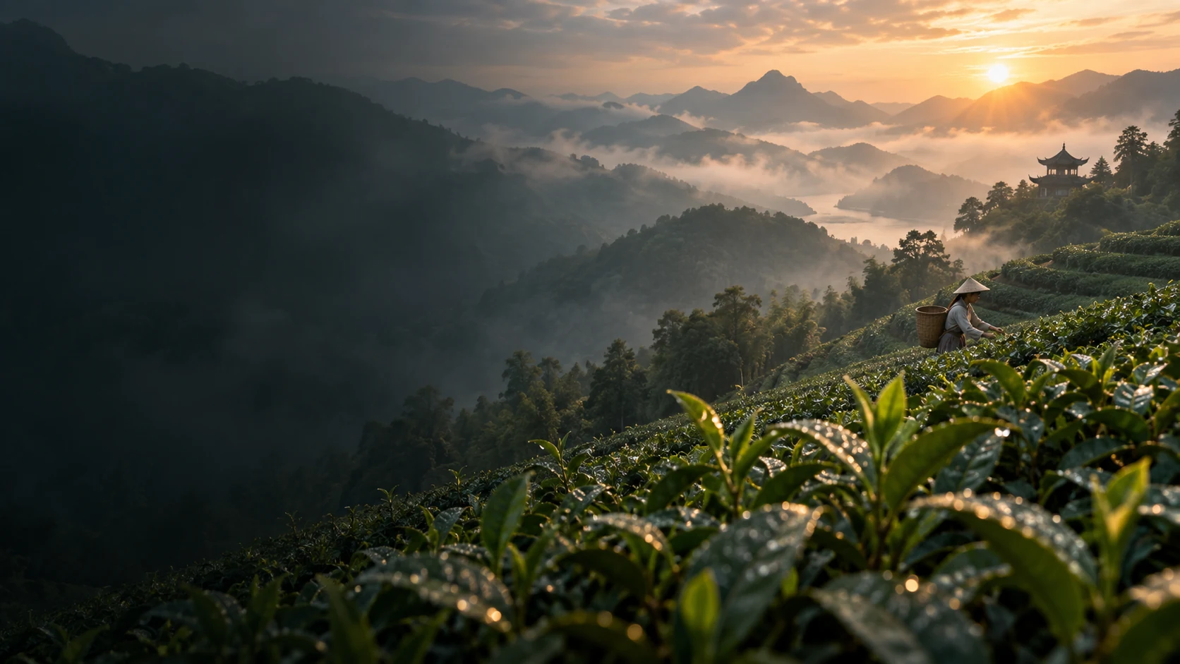 Mountain tea gardens at sunrise
