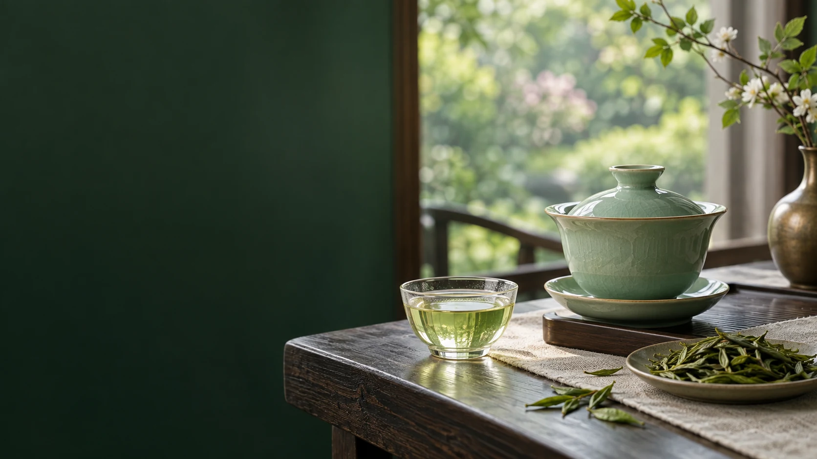 Green tea served in celadon teaware
