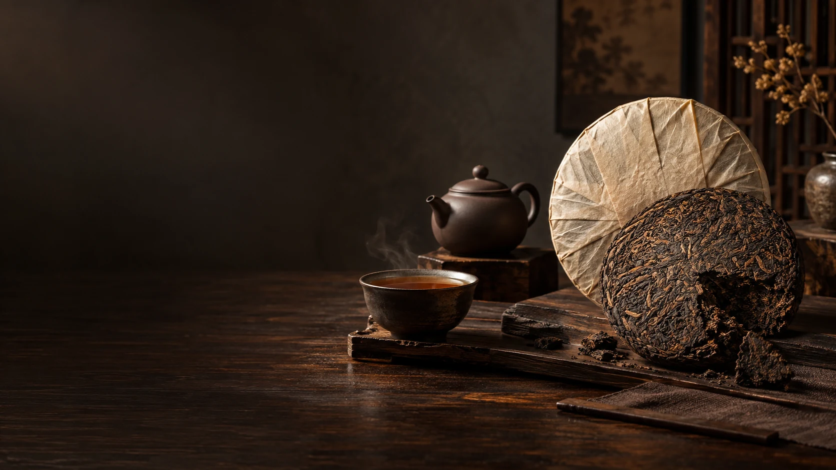 Aged pu-erh tea cake with clay teaware