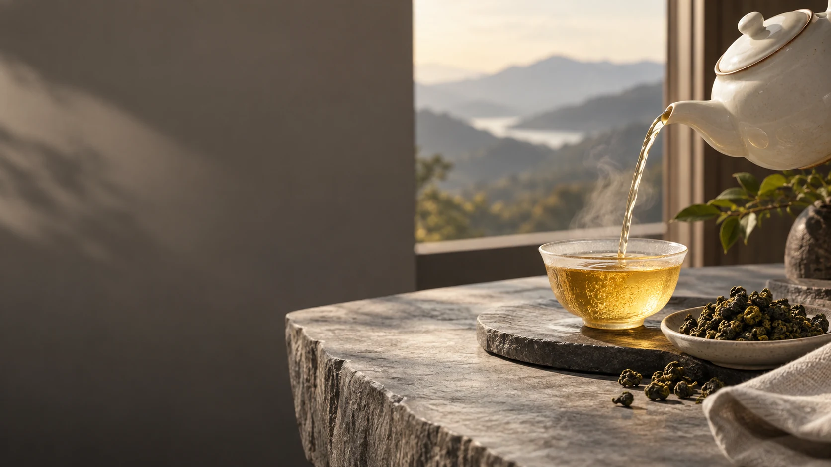 Golden oolong tea being poured beside rolled leaves